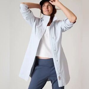 Athleta Rainout Sutro Long Trench Coat Waterproof Raincoat Snowball Blue 1X